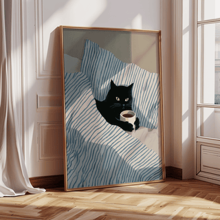 Cat In Bed Poster art print, blue and white stripes, for creative studio decor