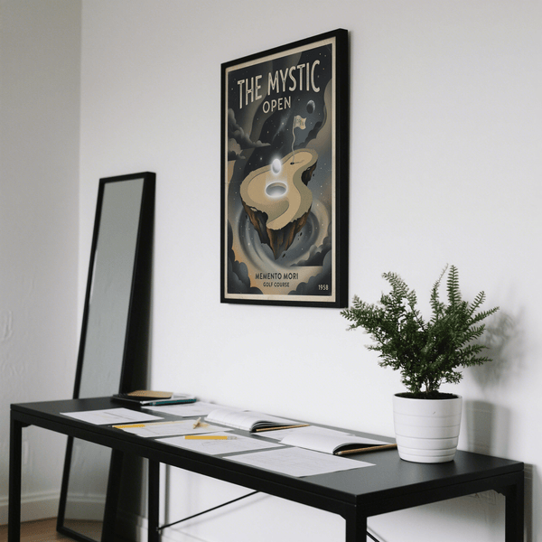 Surreal golf course poster print featuring OPEN flag on the floating green wall art