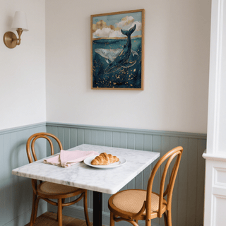 Elegant Whale Wall Art in Blue and Gold for a living room, poster