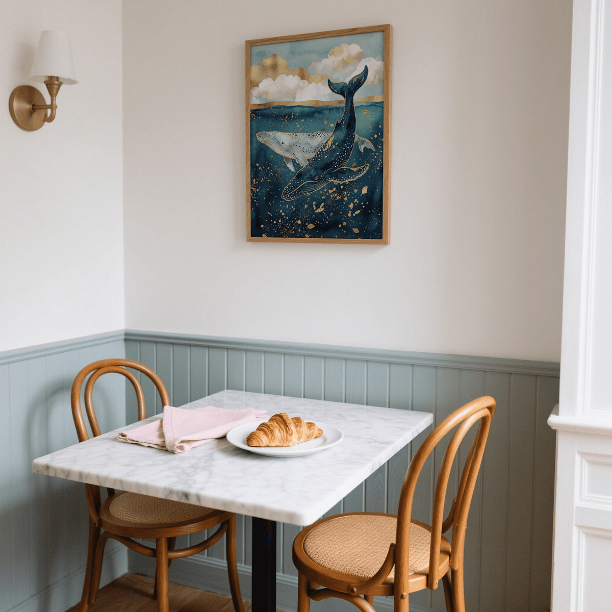Elegant Whale Wall Art in Blue and Gold for a living room, poster