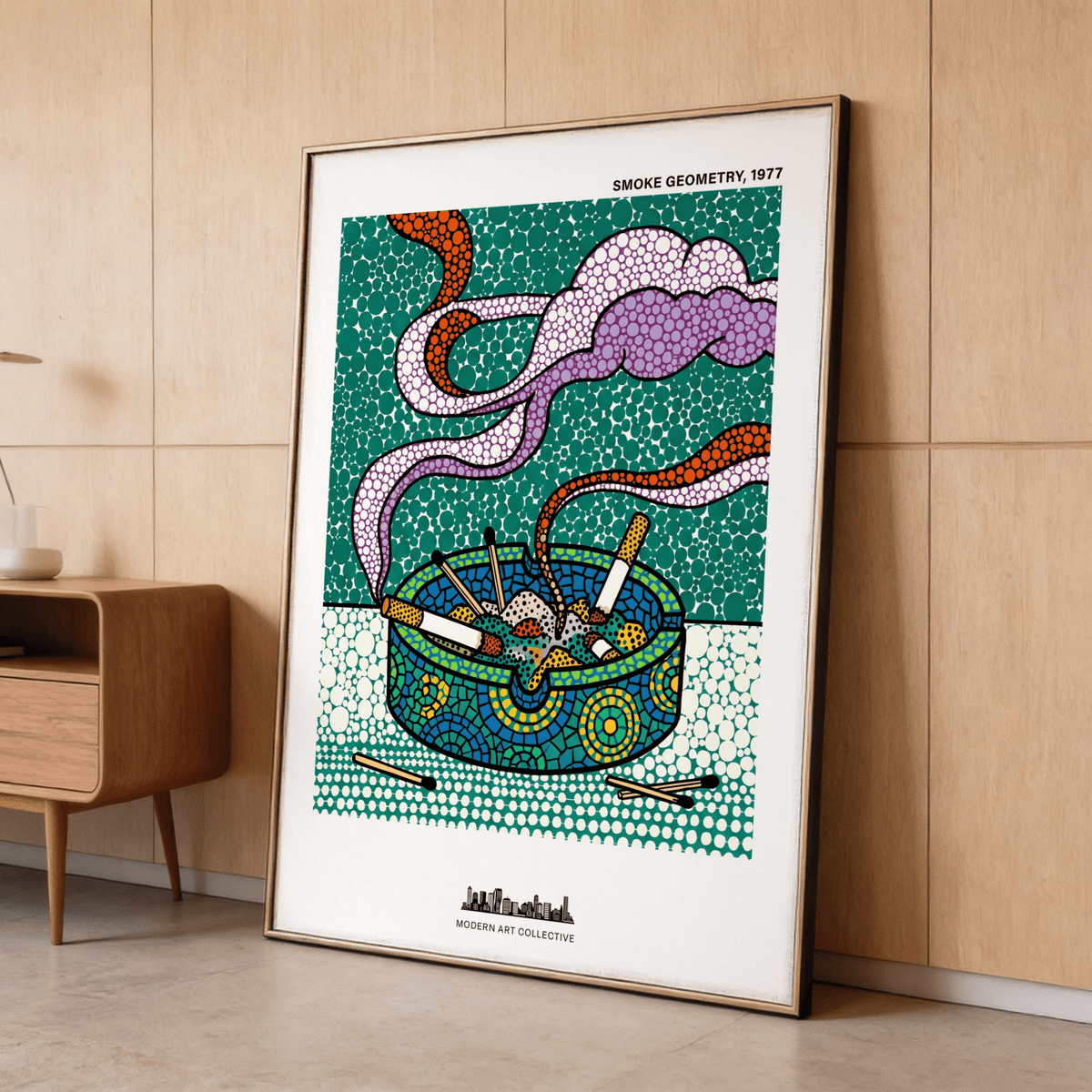 Geometric Smoke Art Print featuring a stylized ashtray scene with cigarettes, matchsticks, and swirling smoke