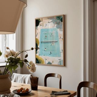 Soft brush texture wall art print of an outdoor tennis court scene with groups watching