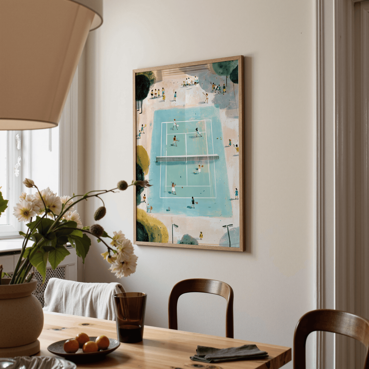 Soft brush texture wall art print of an outdoor tennis court scene with groups watching