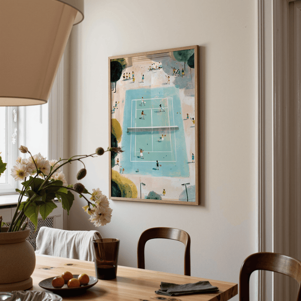 Soft brush texture wall art print of an outdoor tennis court scene with groups watching