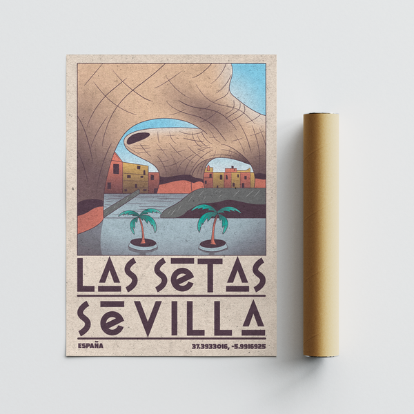 Textured art print of Sevilla featuring simplified houses along the shore