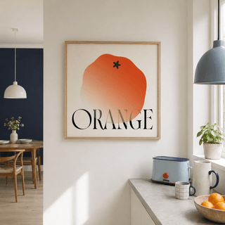 Minimalist Fruit Wall Art poster showing a single orange silhouette and large text