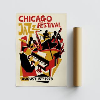 Framed-mockup style view of Chicago Jazz Festival Poster wall art featuring piano and band figures
