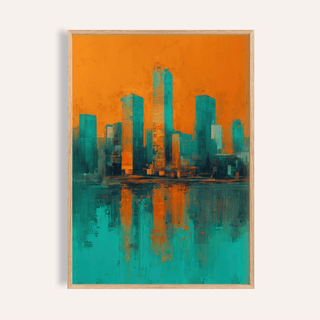 Modern Skyline Poster with orange and teal colors for living room wall art print