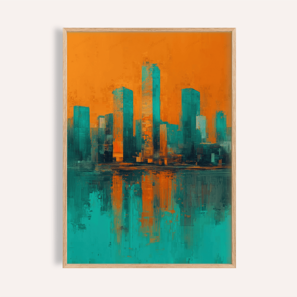 Modern Skyline Poster with orange and teal colors for living room wall art print