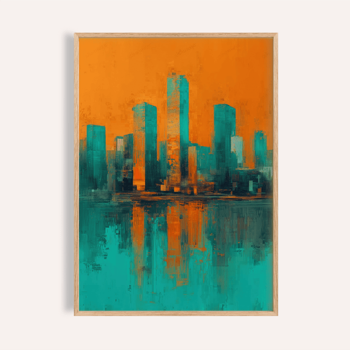 Modern Skyline Poster with orange and teal colors for living room wall art print