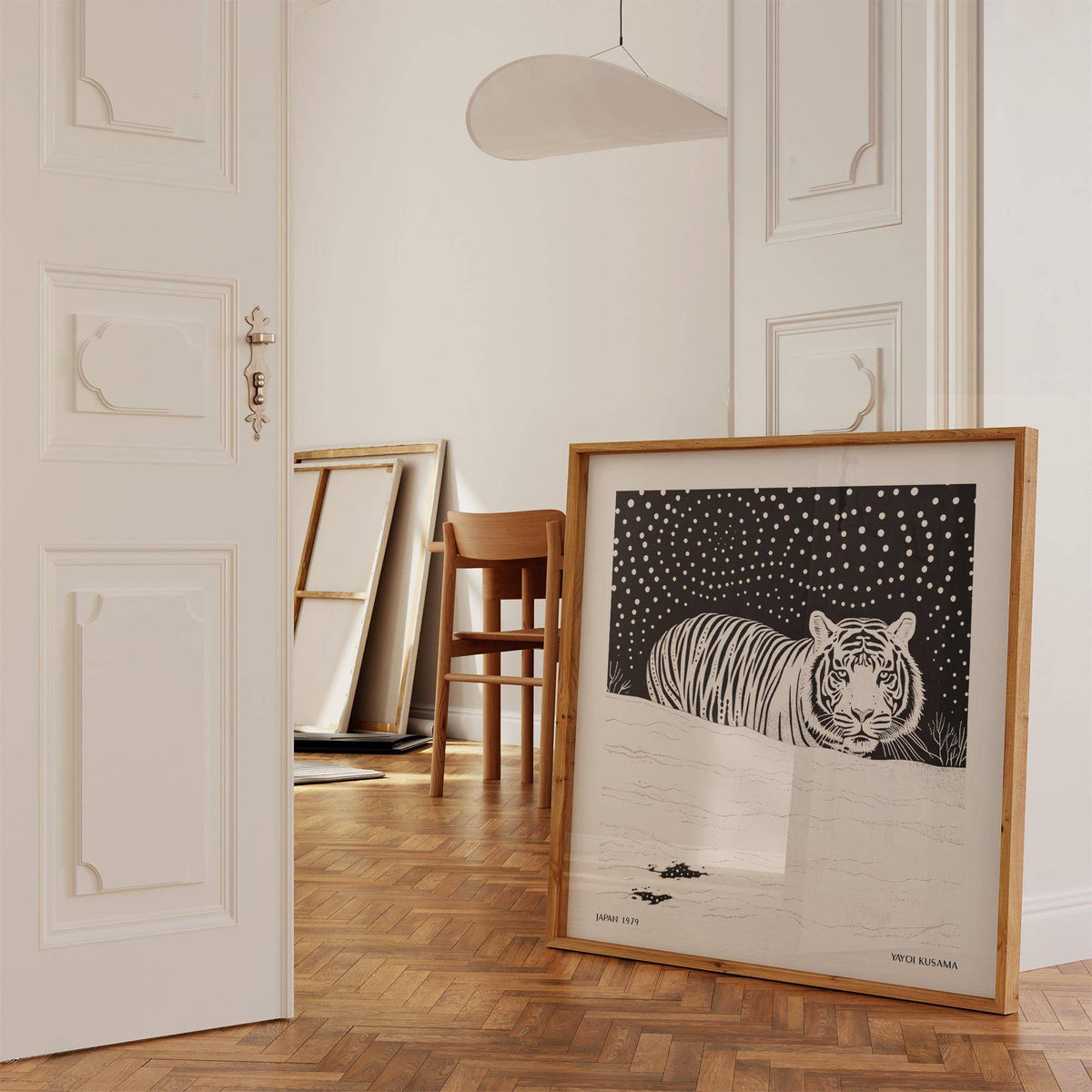 Framed wall art featuring bold art white tiger and night backdrop