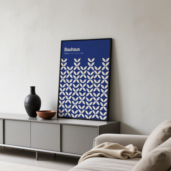 Minimalist blue modern wall art with geometric repetition and Bauhaus typography.