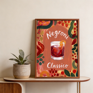 Gallery wall featuring Negroni Art Print alongside vintage liquor posters