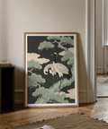 Classic Japanese Crane Art Print showing soft green and beige for entryway art