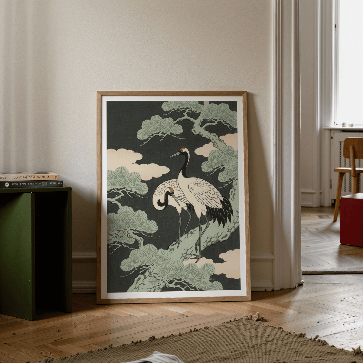 Classic Japanese Crane Art Print showing soft green and beige for entryway art