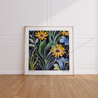 Japanese Floral Print with yellow daisies and green leaves on black, in a square format.