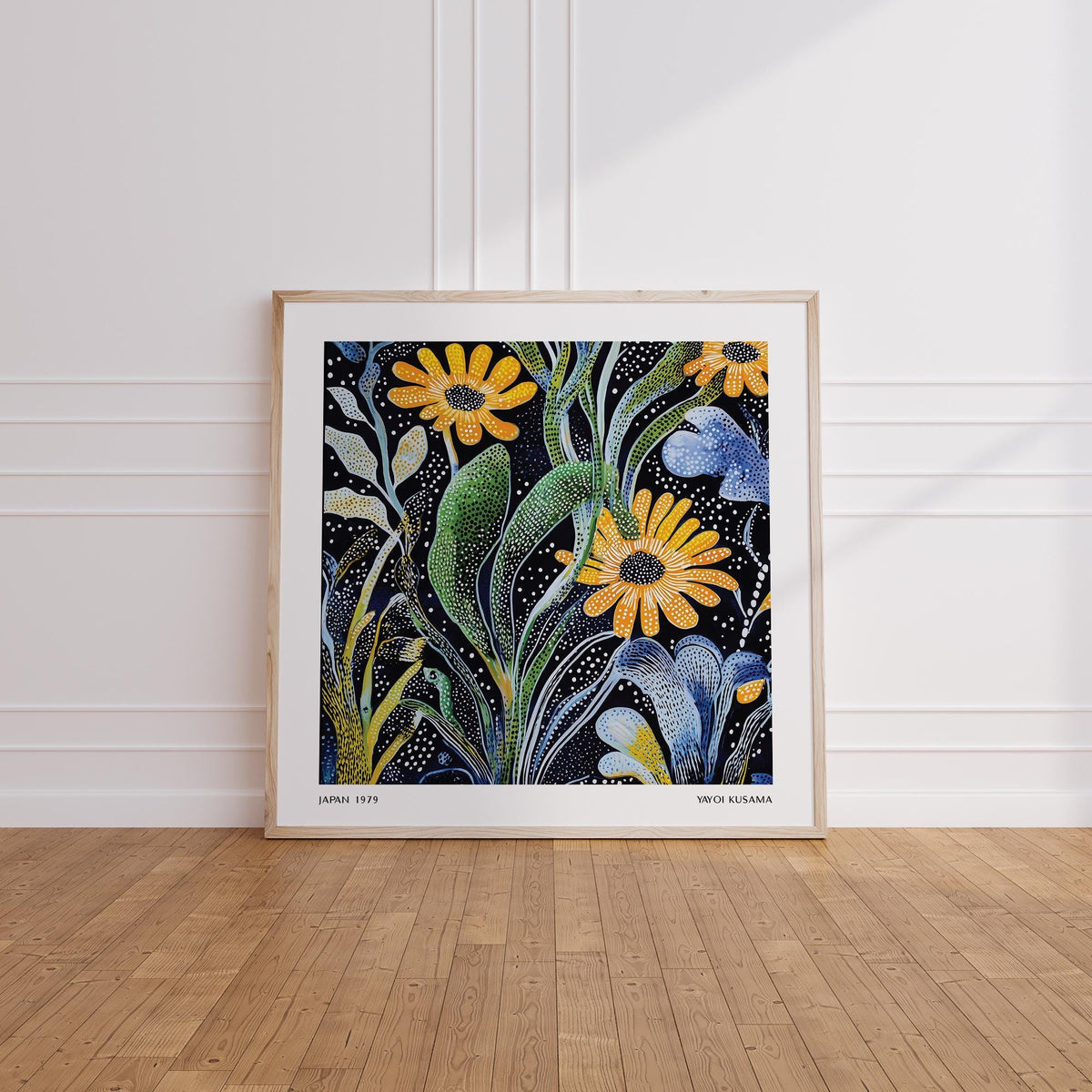 Japanese Floral Print with yellow daisies and green leaves on black, in a square format.