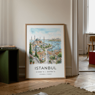 Coastal Istanbul Cityscape Art Print with hillside buildings, minarets, and bay traffic