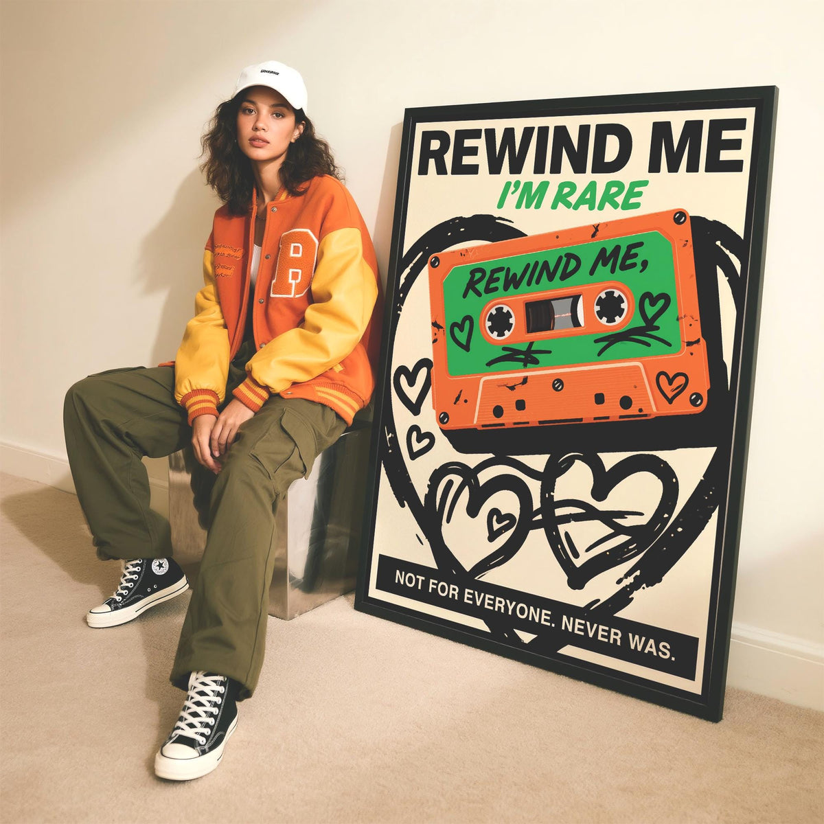 Orange and green retro cassette wall art with romantic text.