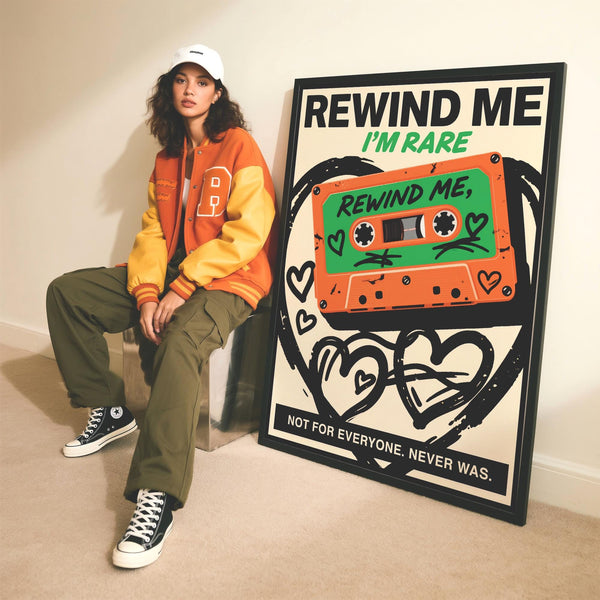 Orange and green retro cassette wall art with romantic text.