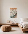 Japanese Cherry Blossom Art poster with orange and beige background for bedroom decor