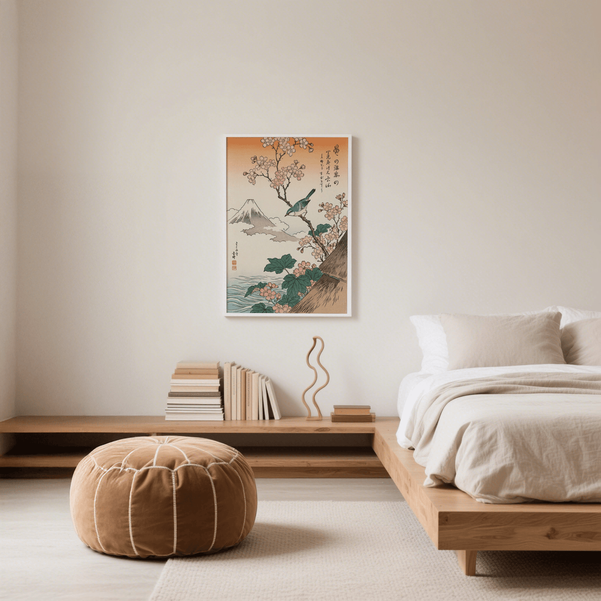 Japanese Cherry Blossom Art poster with orange and beige background for bedroom decor