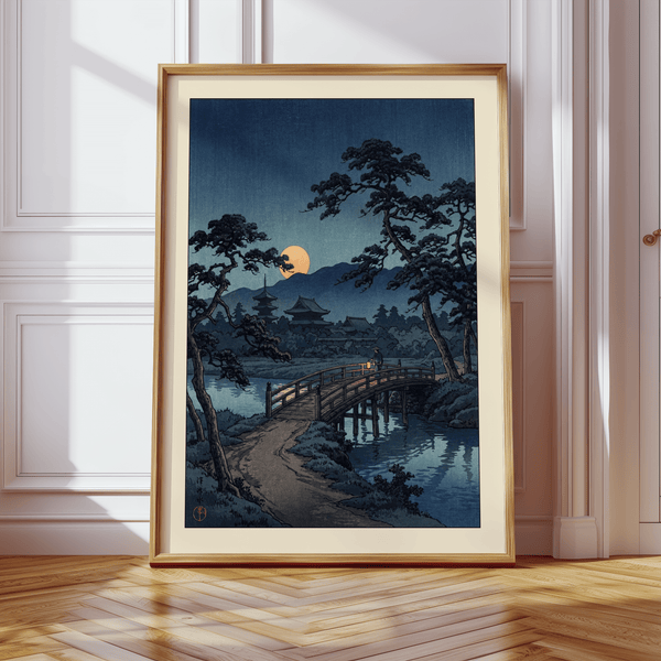 Moonlit Bridge Art Print highlighting pine silhouettes under a full moon