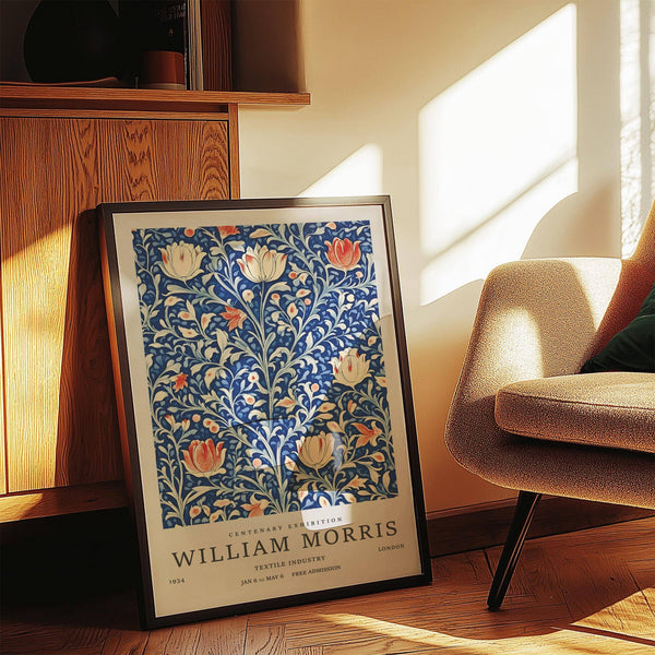 Blue background vintage flower wall art with coral accents for stylish bedrooms