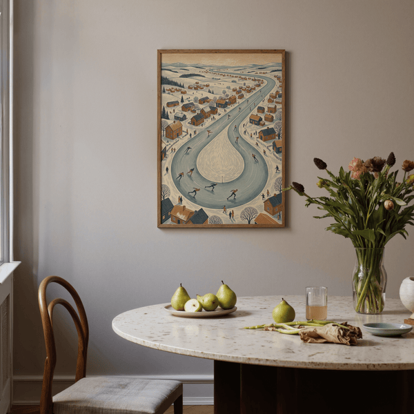 Winter Village Scene wall art in Blue and White tones for children’s room