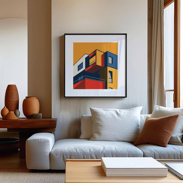 Minimalist posters for office space with red, yellow, and navy tones