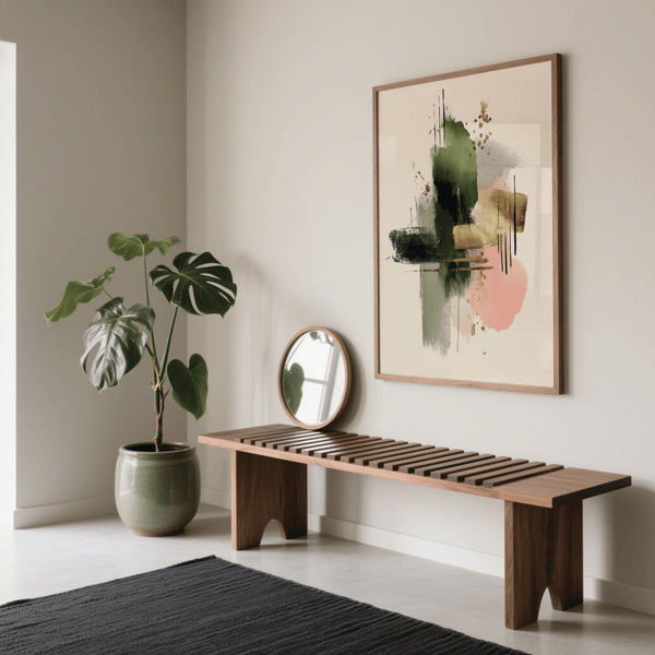 Contemporary Art Poster featuring Green, Beige, Pink, and Gold for hallway wall