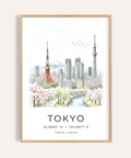 Illustrated Tokyo Skyline Art Print poster with Tokyo Tower, river, and cherry blossoms