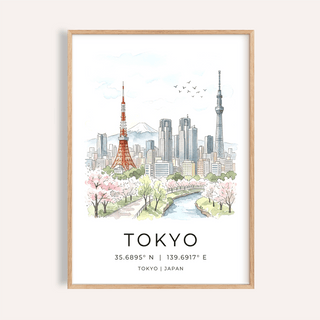Illustrated Tokyo Skyline Art Print poster with Tokyo Tower, river, and cherry blossoms