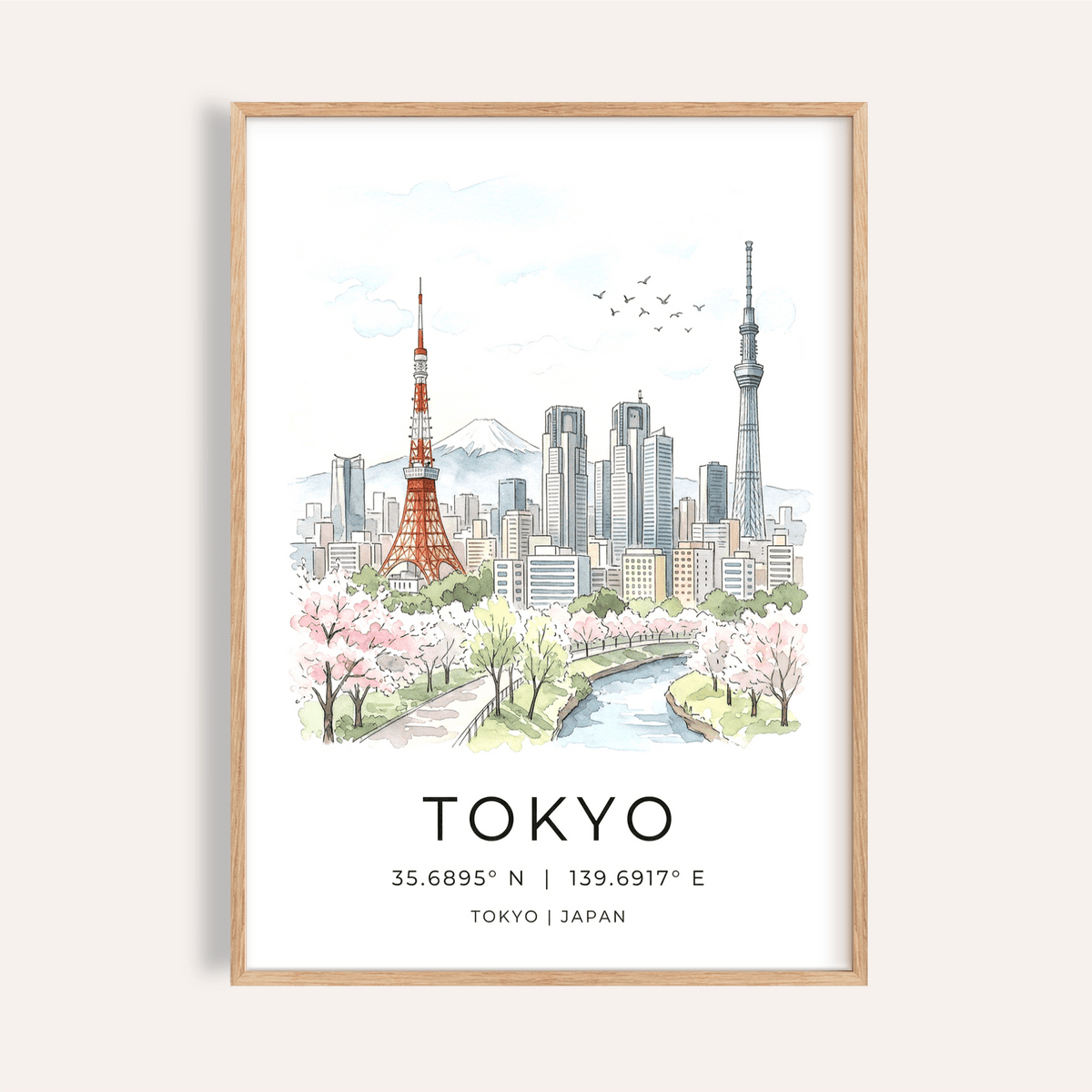 Illustrated Tokyo Skyline Art Print poster with Tokyo Tower, river, and cherry blossoms