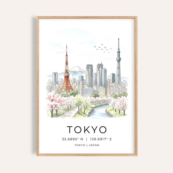 Illustrated Tokyo Skyline Art Print poster with Tokyo Tower, river, and cherry blossoms