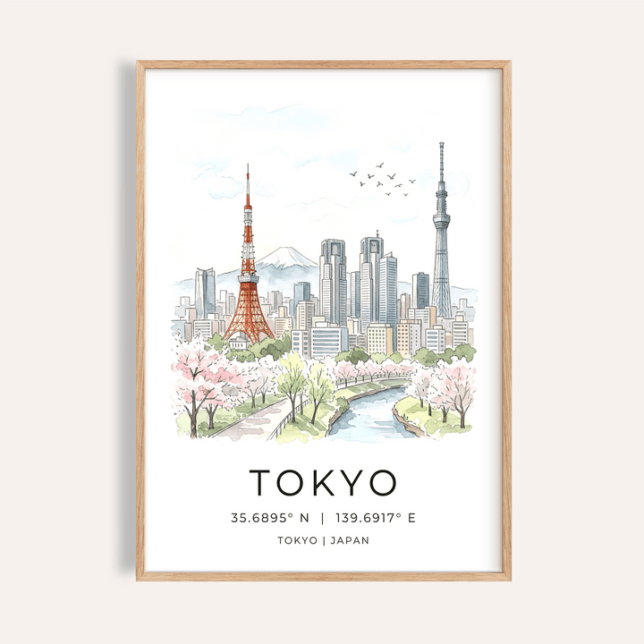 Illustrated Tokyo Skyline Art Print poster with Tokyo Tower, river, and cherry blossoms
