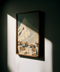 Winter Mountain Art Print showing mountain and village in Beige, Blue, Orange