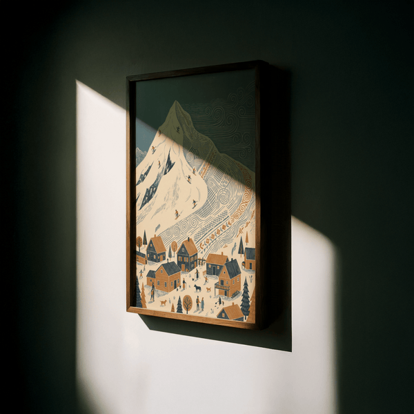 Winter Mountain Art Print showing mountain and village in Beige, Blue, Orange
