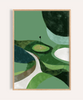 Abstract golf green wall art poster with flagstick and layered course shapes
