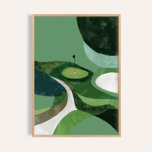 Abstract golf green wall art poster with flagstick and layered course shapes