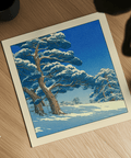 Snowfall scene art poster featuring foreground pine trunks and distant treeline