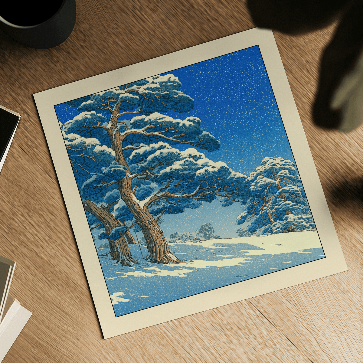 Snowfall scene art poster featuring foreground pine trunks and distant treeline