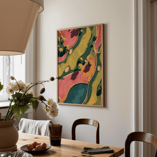 Stylized aerial golf poster print with sweeping curves, bunkers, and shadows