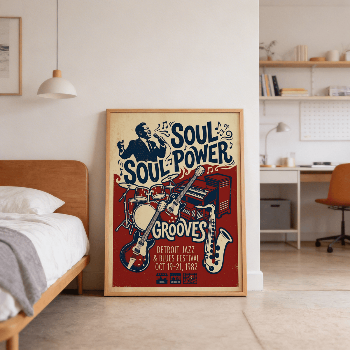 Graphic music wall art print with drum set, electric guitars, and keyboard illustration