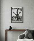 Detailed giraffe poster emphasizing coat markings and textured bark in monochrome