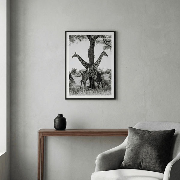 Detailed giraffe poster emphasizing coat markings and textured bark in monochrome