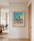 Travel style Spanish architecture artwork in muted green and beige hues