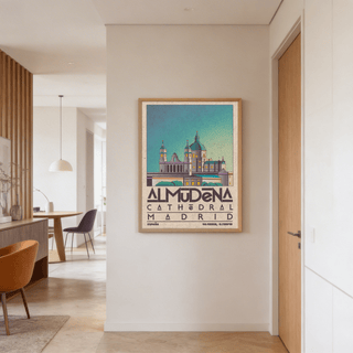 Travel style Spanish architecture artwork in muted green and beige hues