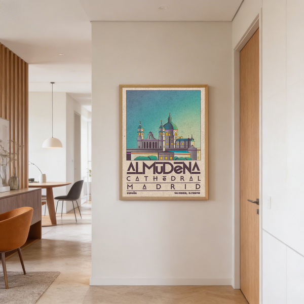 Travel style Spanish architecture artwork in muted green and beige hues