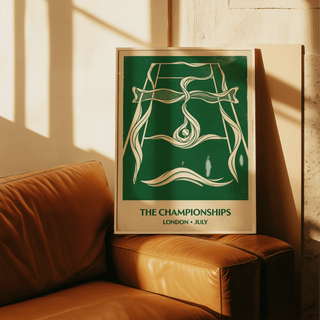 Stylized sports wall art print with central ball motif and flowing ribbon shapes
